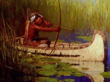  caza - Cazador de indios nativos americanos en canoa con arco y flecha